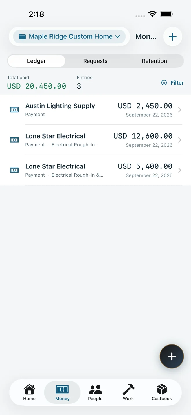 The Money tab: a ledger of three payments to two suppliers with a running total paid.