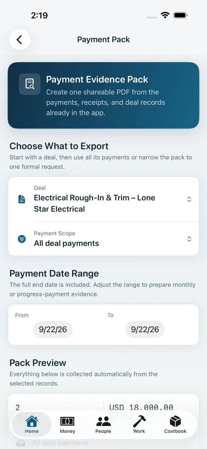 The Payment Evidence Pack screen: choose a deal, a payment scope and a date range, then preview the pack.